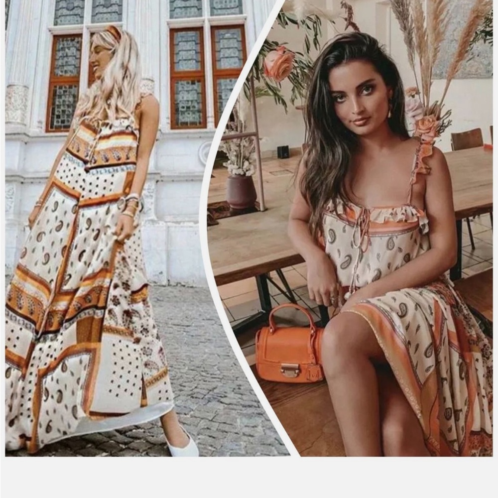 Zara Cream and Brown Maxi Sundress